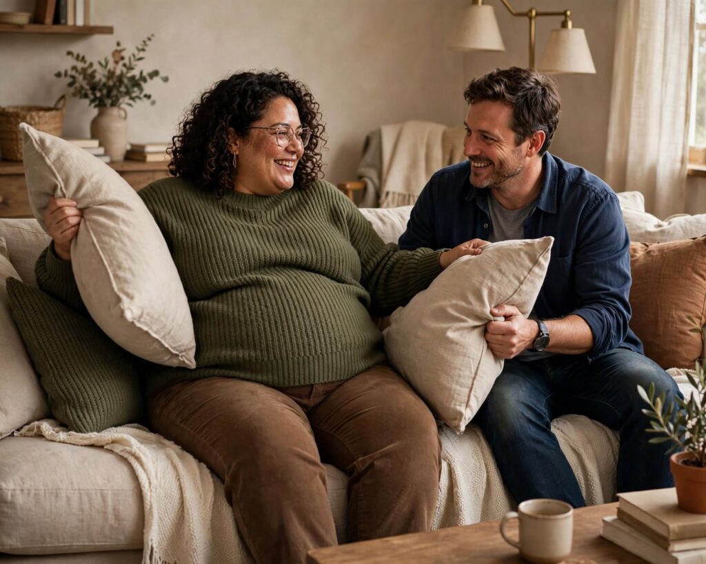 Volle vrouw zit ontspannen naast haar partner zonder haar lichaam zichtbaar te corrigeren of te verbergen.