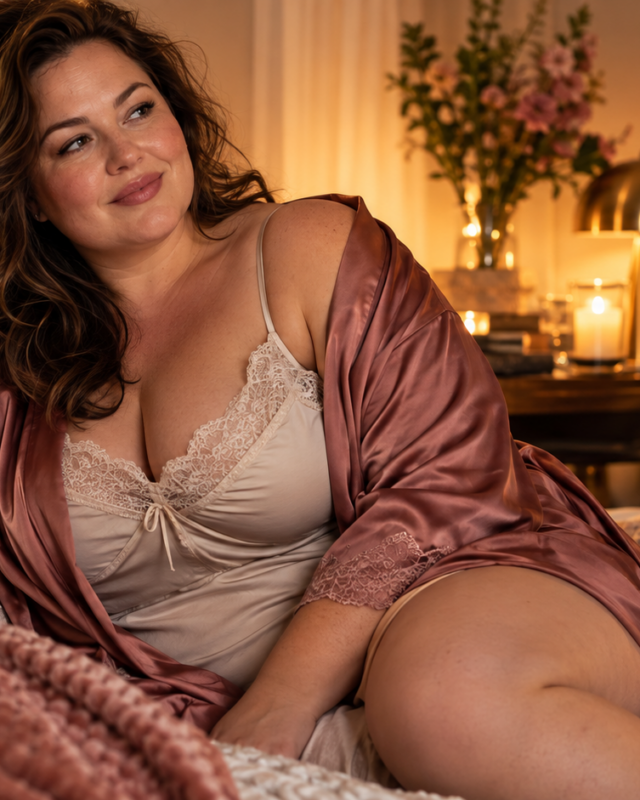 Volle vrouw ontspannen in een warme slaapkamer als beeld van lichaamsacceptatie en intimiteit