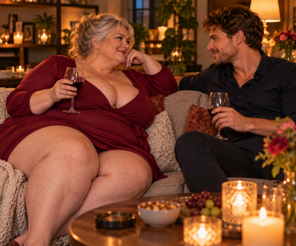 Extreem volle oudere vrouw praat thuis ontspannen met haar jongere date