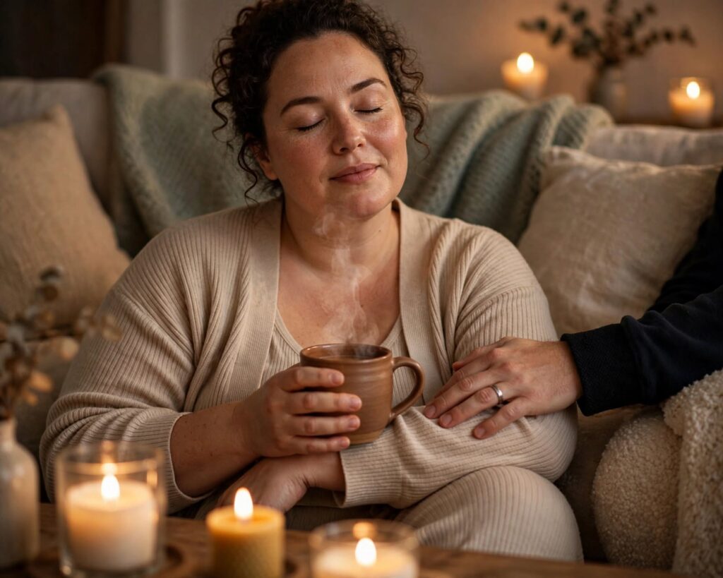 Volle vrouw zit rustig met een warme drank en richt haar aandacht op ontspanning in plaats van uiterlijk.