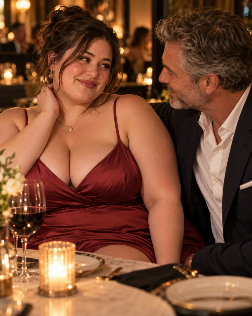 Zeer volle jonge vrouw geniet zichtbaar van de warme aandacht van haar oudere date