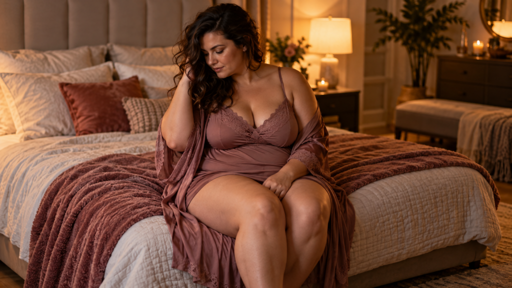 Volle vrouw zit nadenkend op bed en ervaart onzekerheid over haar lichaam tijdens intimiteit