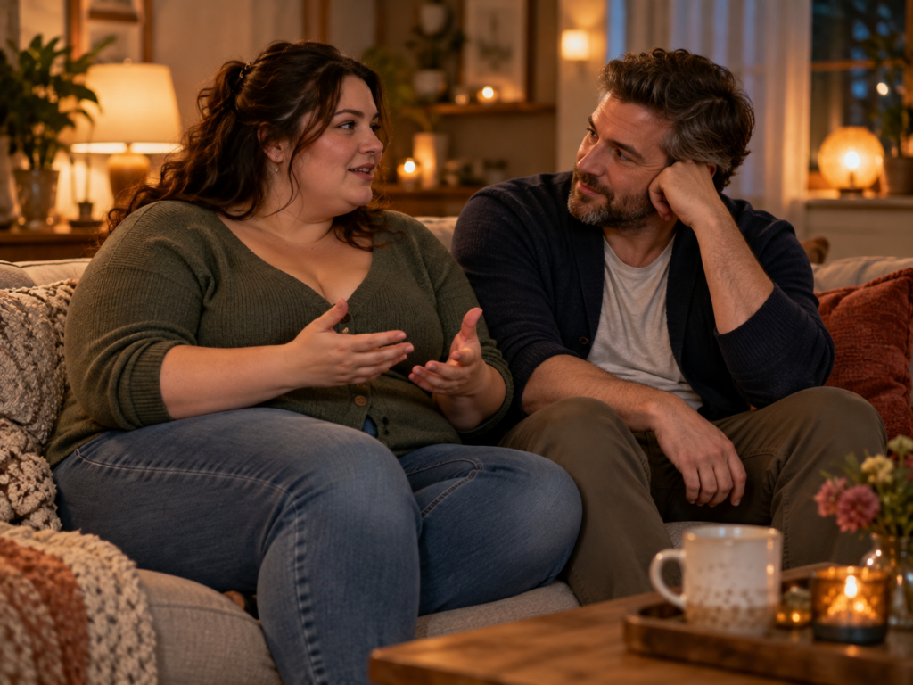 Volle vrouw praat met haar partner over gevoelens terwijl hij aandachtig luistert