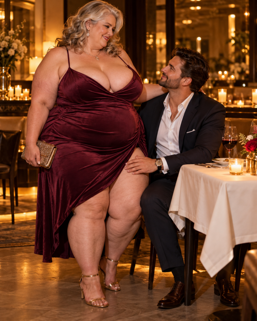 Extreem volle oudere vrouw flirt zelfverzekerd met haar jongere date in een restaurant