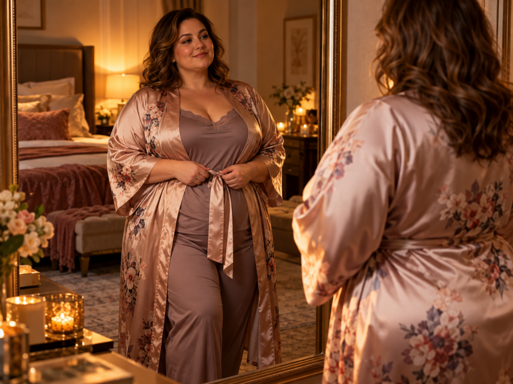 Volle vrouw kijkt in de spiegel terwijl ze elegante satijnen nachtkleding draagt.