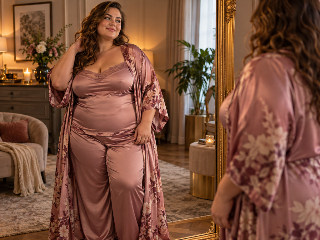 Volle vrouw kijkt zelfverzekerd in de spiegel in elegante nachtkleding