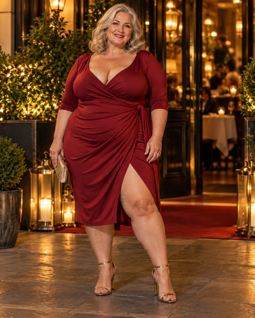 Oudere volle vrouw staat zelfverzekerd in een rode jurk bij de ingang van een restaurant