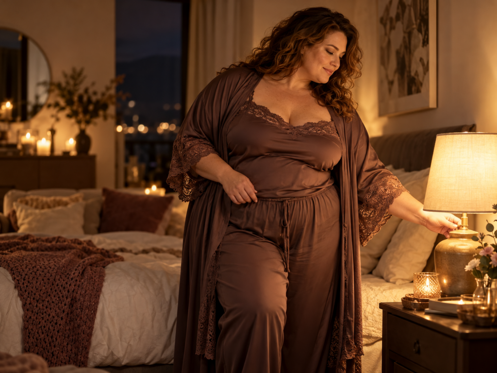 Volle vrouw in een warme slaapkamer met zachte verlichting en comfortabele nachtkleding.