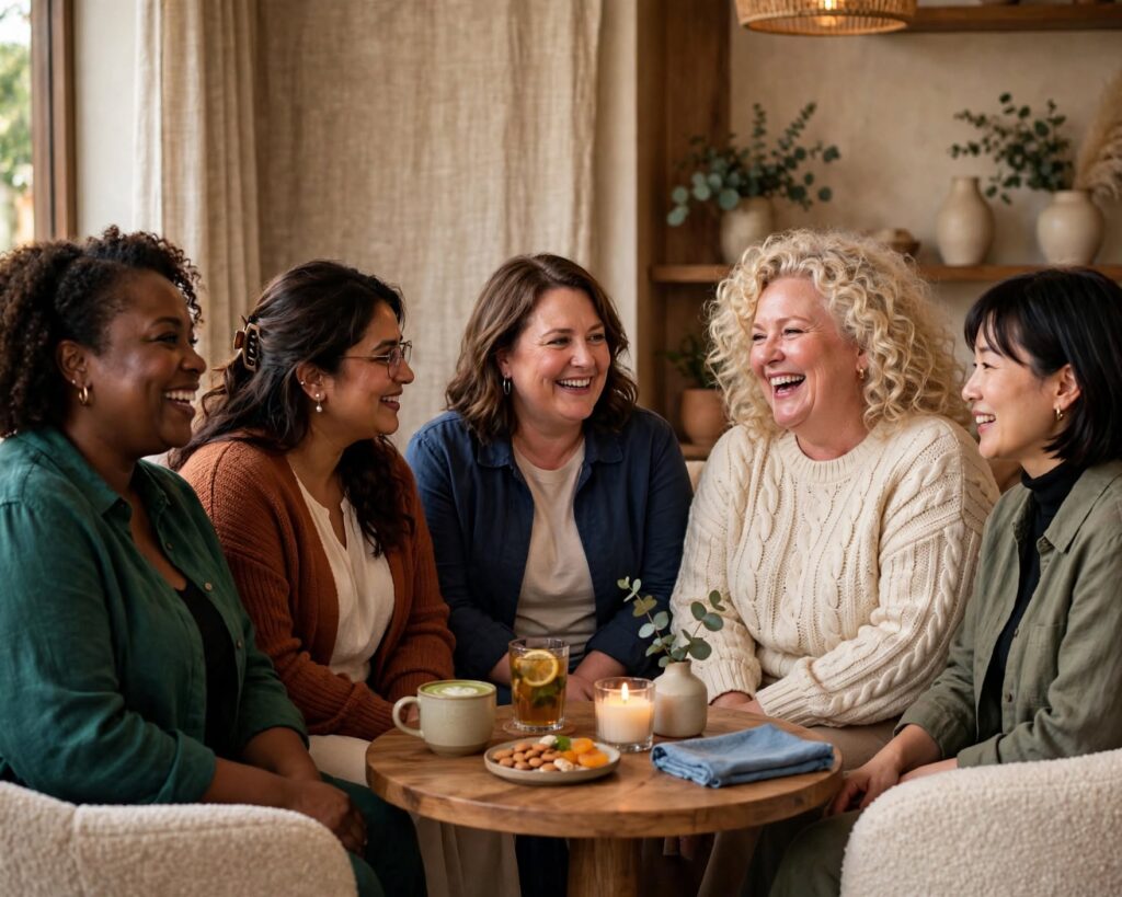 Diverse groep volwassen vrouwen praat samen rond een tafel in een warme communitysetting.